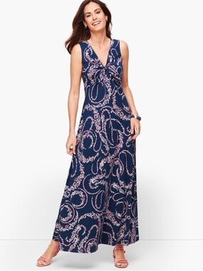 NEW TALBOTS Tie Front Floral Swirl Maxi Dress 2X navy blue, cotton blend $109
